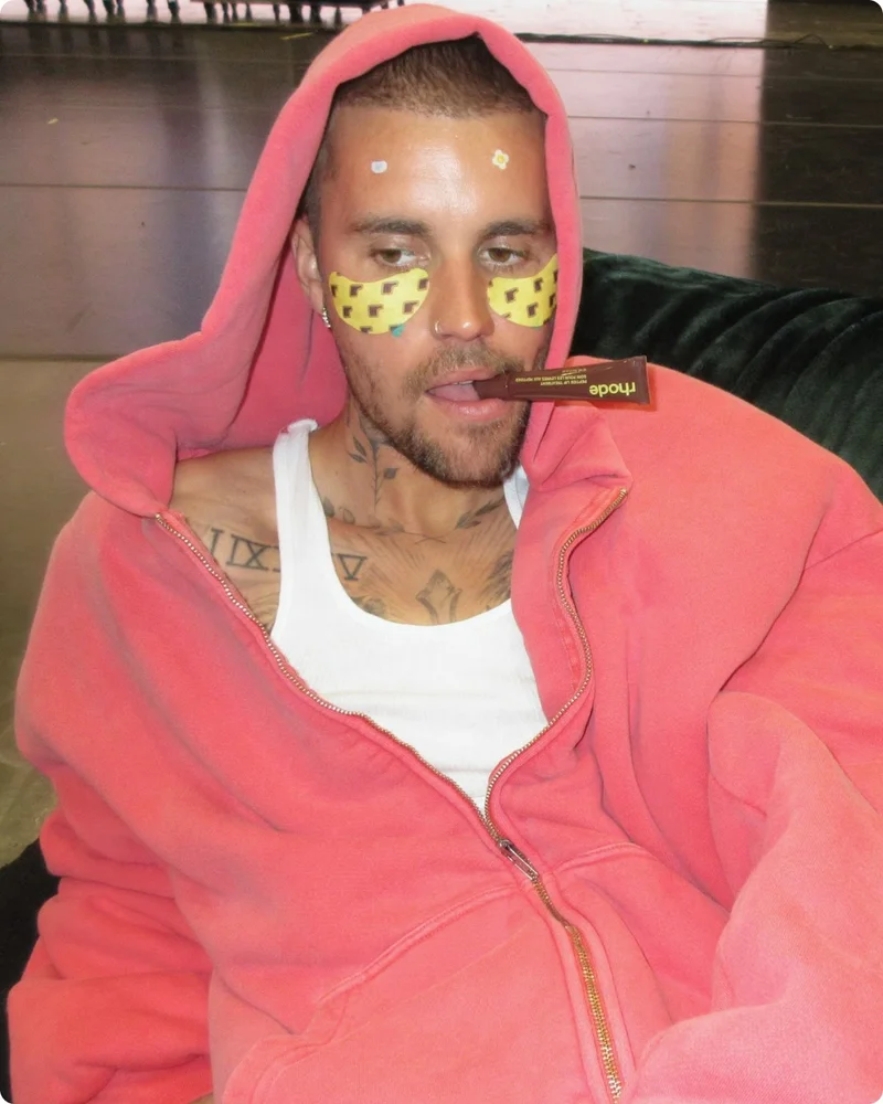 justin in spotwear, peptide eye prep in banana peel, and peptide lip treatment in caramelized banana