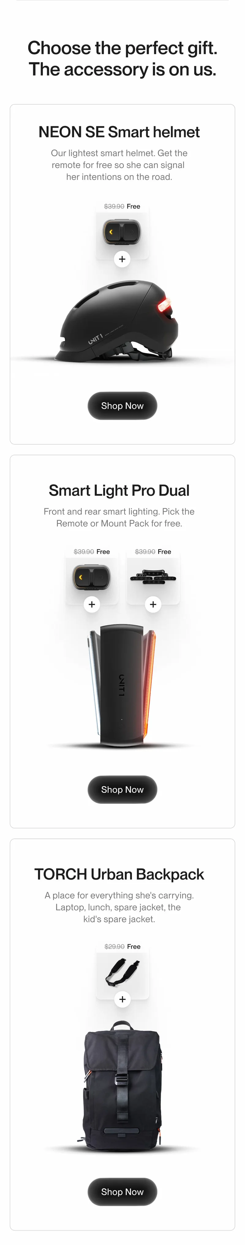 UNIT 1 smart cycling gear bundle featuring NEON SE helmet, smart bike lights, and urban backpack with free accessories