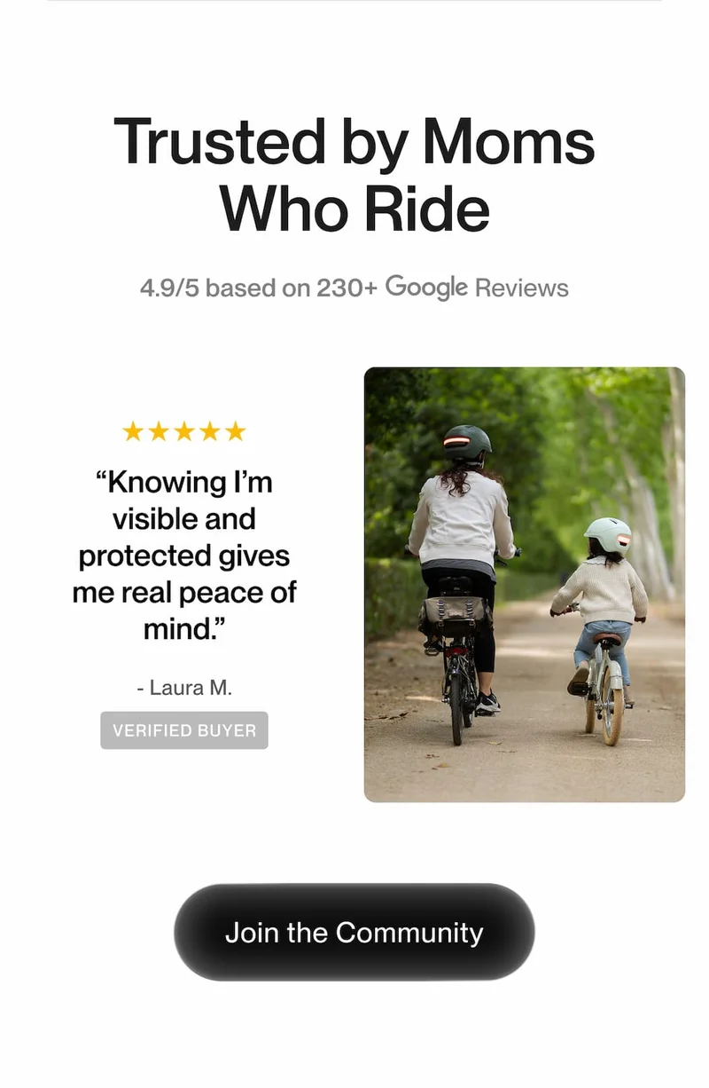 Mom cycling with child wearing smart helmets, 4.9 out of 5 rating from 230 plus verified customer reviews