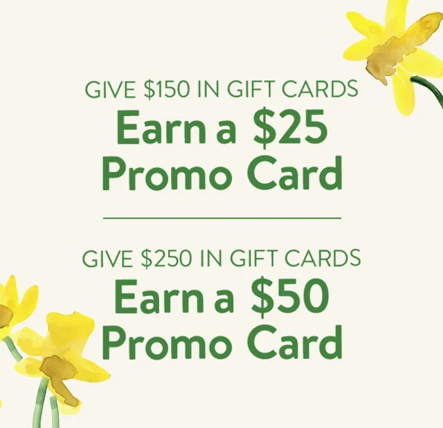 Give $150 in gift cards, earn a $25 promo card. Give $250 in gift cards, earn a $50 promo card.