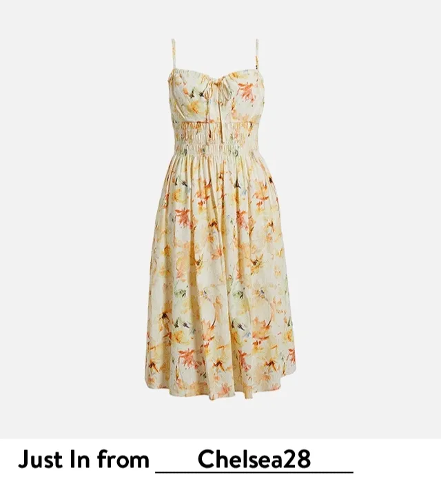 Chelsea28 floral-print dress. Wit & Wisdom denim shorts. A Steve Madden sandal. Madewell smocked top. QUAY sunglasses.