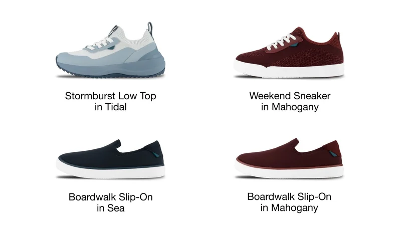 Stormburst Low Top in Tidal. Weekend Sneaker in Mahogany. Boardwalk Slip-On in Sea. Boardwalk Slip-On in Mahogany.