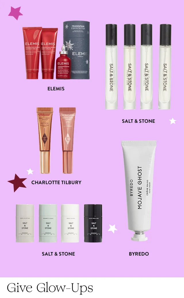 Beauty, skin care and fragrance products from Charlotte Tilbury, Salt & Stone. BYREDO and Elemis.