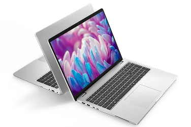 Two Dell 2-in-1 laptop computers arranged back-to-back.