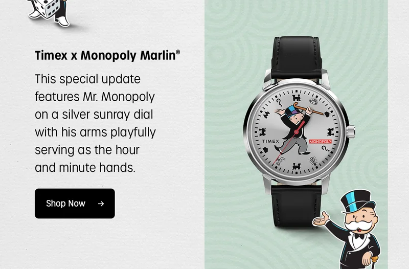 timex x monopoly marlin | this special update features features mr. monopoly on a silver sunday dial with his arms playfully serving as the hour and minute hands. | shop now