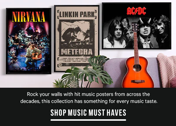 Rock your walls with hit music posters from across the decades, this collection has something for every music taste: SHOP MUSIC MUST HAVES