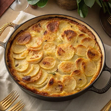 Golden potato gratin in a black dish with crispy edges, garnished with herbs.