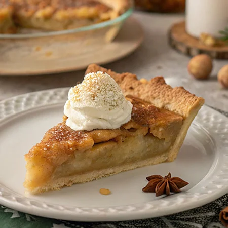 A slice of apple pie with a golden crust is topped with whipped cream on a white plate.