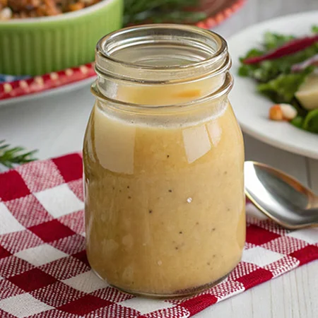 A jar of creamy dressing on a red and white checkered cloth, with a spoon and fresh salad in the background.