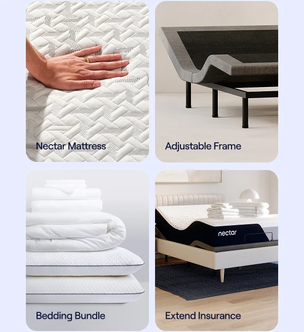 Nectar Adjustable Bundle — includes mattress, adjustable frame, bedding bundle, and Extend Insurance
