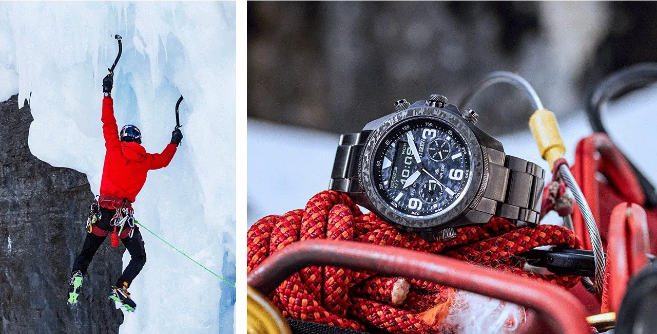 Mountain climber wearing the Promaster Land U822.