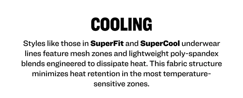 Cooling Styles like those in SuperFit and SuperCool underwear lines feature mesh zones and lightweight poly-spandex blends engineered to dissipate heat. This fabric structure minimizes heat retention in the most temperature-sensitive zones.