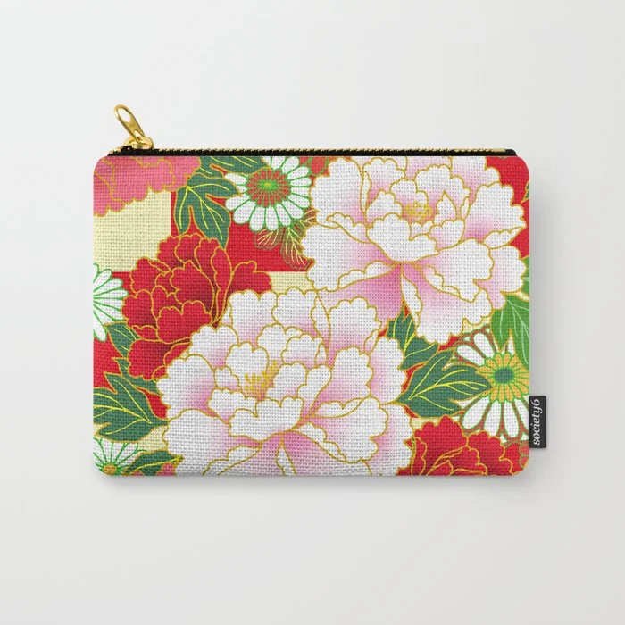 Red Pink Peony Vintage Japanese Floral Kimono Pattern Carry-All Pouch Carry-All Pouch