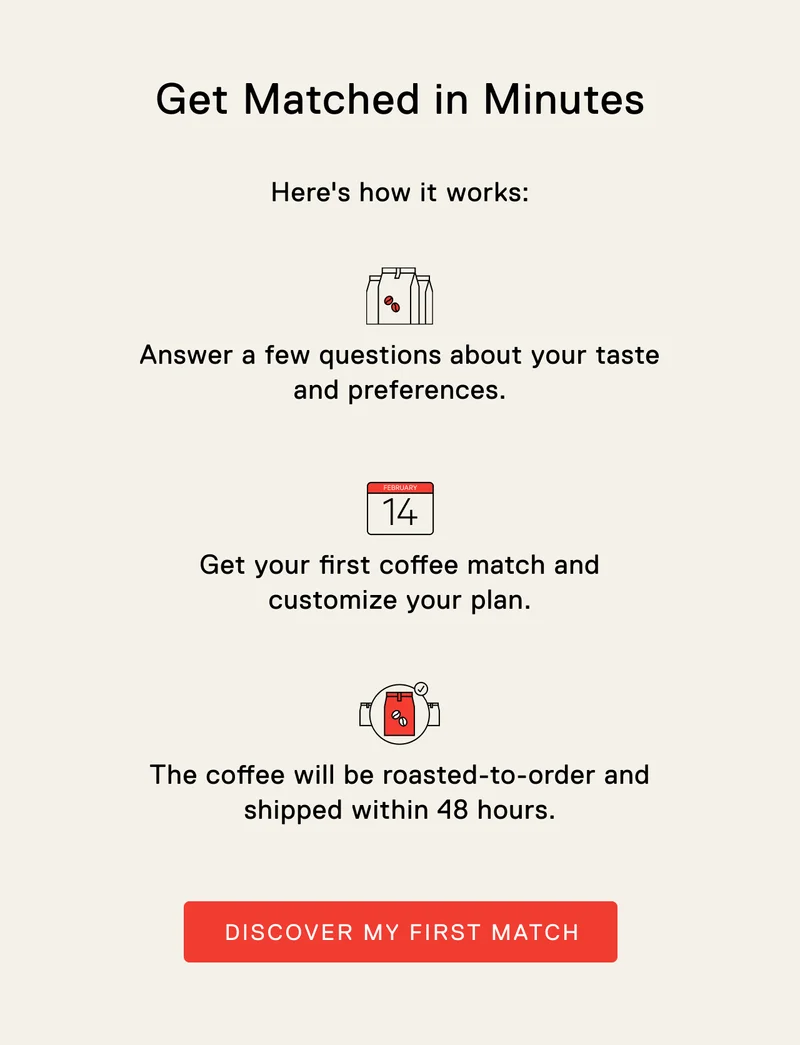 Get Matched in Minutes. Here's how it works: Answer a few questions about your taste and preferences. Get your first coffee match and customize your plan. The coffee will be roasted-to-order and shipped within 48 hours.  Discover My First Match