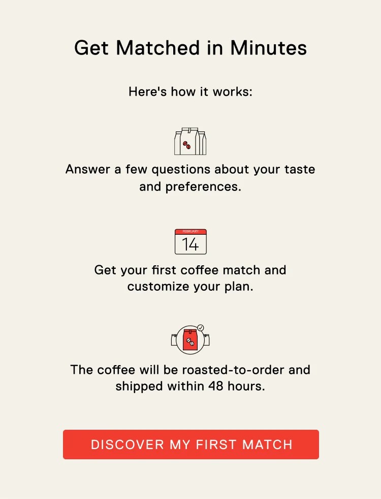 Get Matched in Minutes. Here's how it works: Answer a few questions about your taste and preferences. Get your first coffee match and customize your plan. The coffee will be roasted-to-order and shipped within 48 hours. Discover My First Match