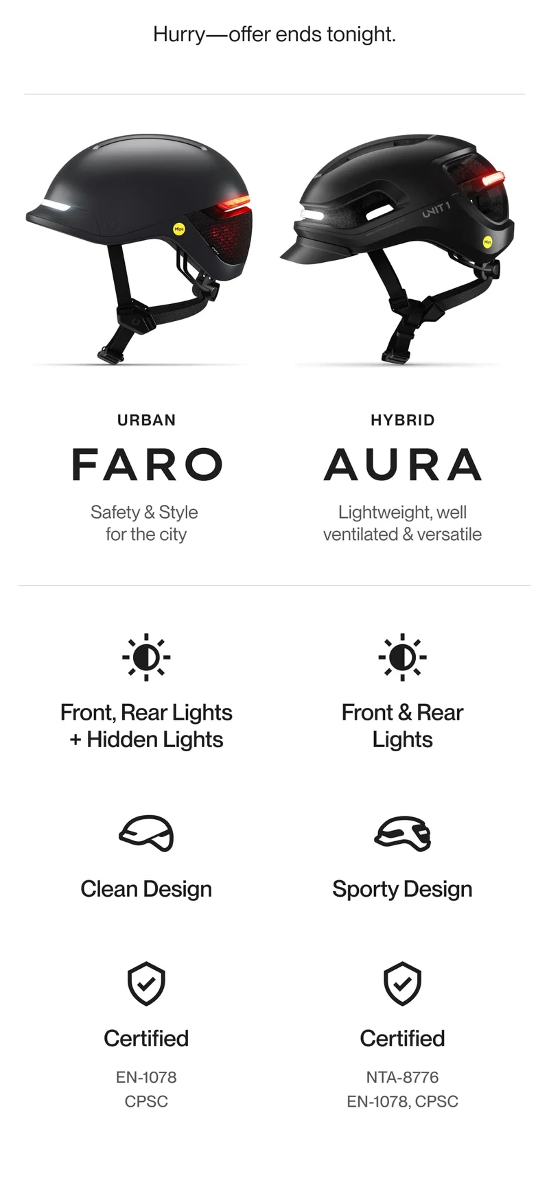 FARO helmet: urban safety and style; AURA helmet: hybrid versatility, both with integrated lights.