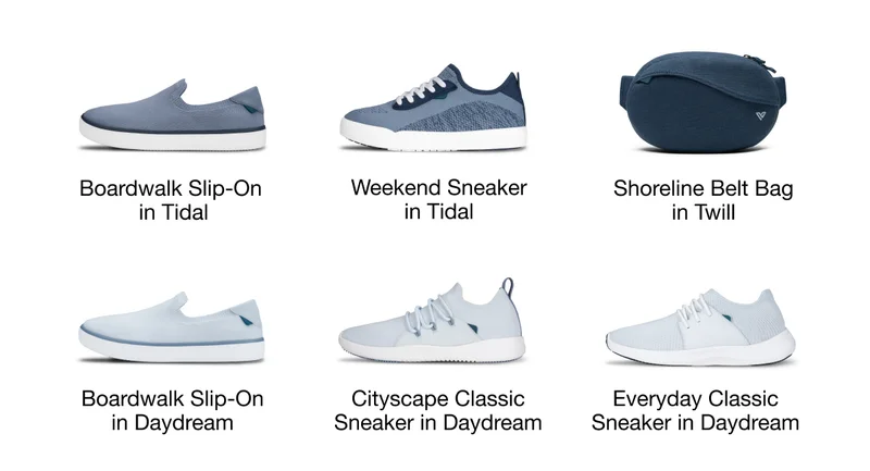 Baordwalk Slip-On and Weekend Sneaker in Tidal. Shoreline Belt Bag in Twill. Boardwalk Slip-On, Cityscape Classic, and Everyday Classic Sneaker in Daydream.