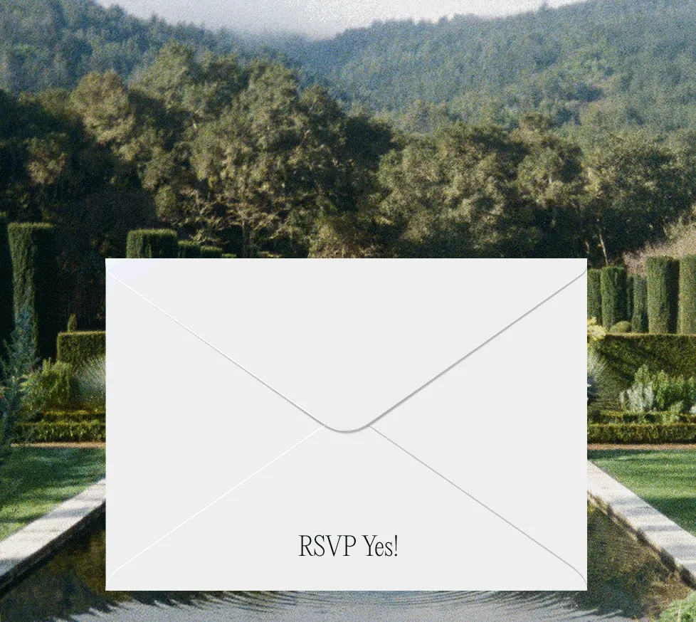 White invitation on a lush garden background promoting a Buy One, Get One Free offer on all wedding guest dresses. Use code discount code.