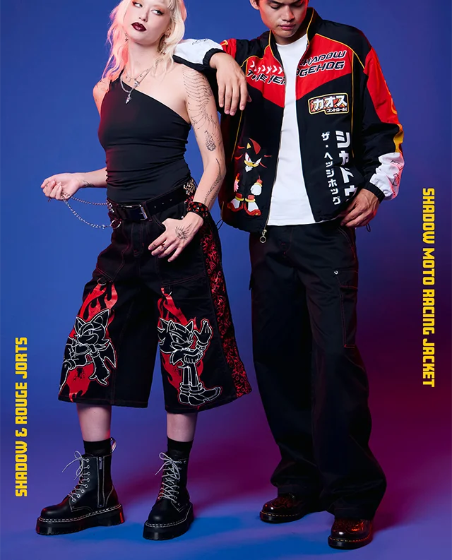 Products Shown - Shadow And Rouge Jorts And Shadow Moto Racing Jacket