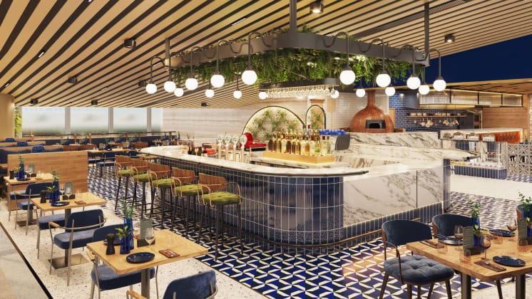 The upper level of Jones the Grocer, which aims to delight diners with its island bar and show kitchen, is slated to open later this year