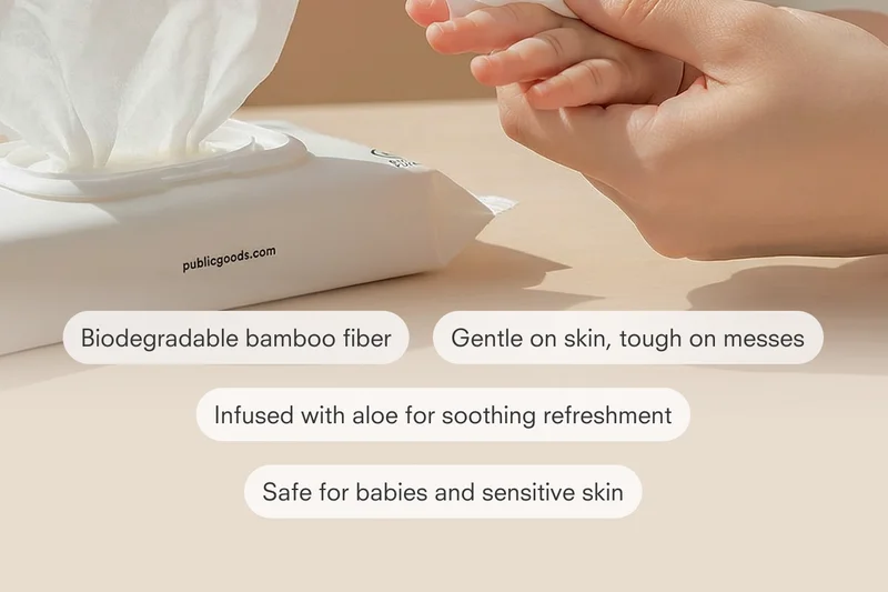 Biodegradable bamboo fiber; Gentle on skin, tough on messes; Infused with aloe for soothing refreshment; Safe for babies and sensitive skin.