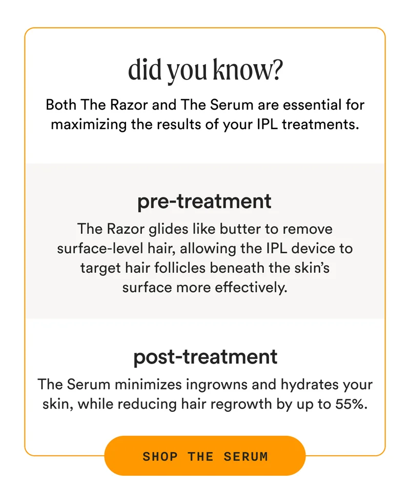 did you know? - Both The Razor and The Serum are essential for maximizing the results of your IPL treatments. - pre-treatment: The Razor glides like butter to remove surface-level hair, allowing the IPL device to target hair follicles beneath the skin’s surface more effectively. - post-treatment: The Serum minimizes ingrowns and hydrates your skin, while reducing hair regrowth by up to 55% - SHOP THE SERUM