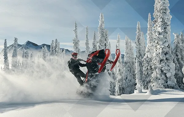 Rider standing on their Lynx snowmobile