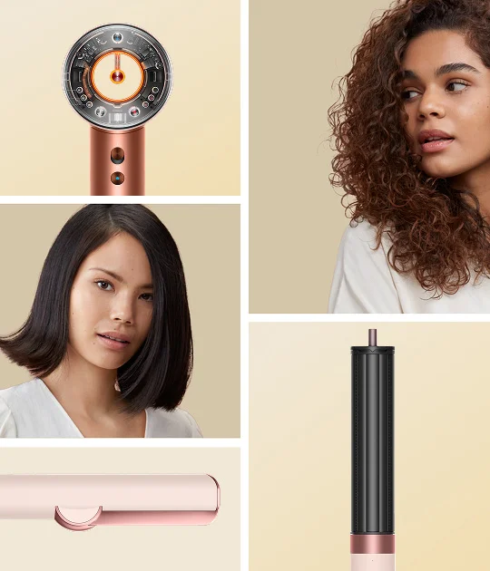 A collage of Dyson Beauty hair tools and models with immaculately styled hair