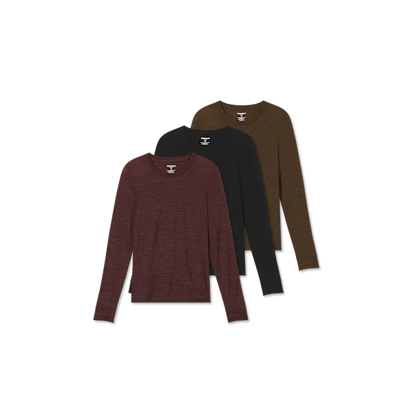 Women's Merino Wool Blend Crew Neck Long Sleeve T-Shirt 3-Pack