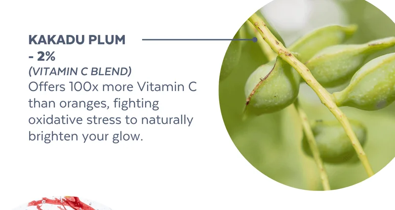 Kakadu Plum  - 2% (Vitamin C Blend) Offers 100x more Vitamin C than oranges, fighting oxidative stress to naturally brighten your glow.