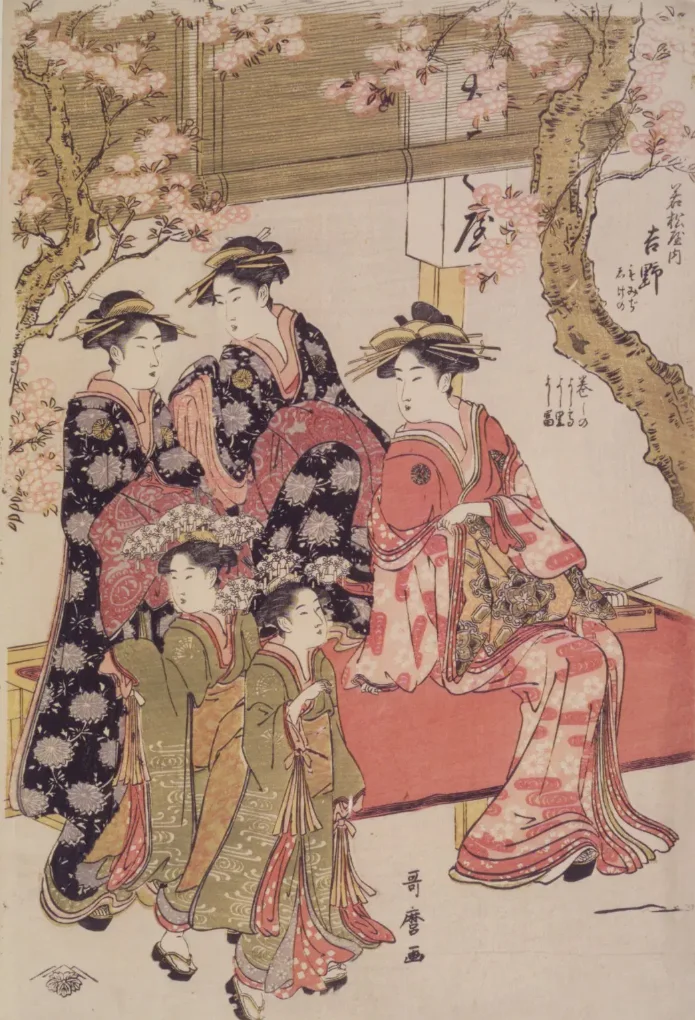 A print of five women chatting under cherry blossoms