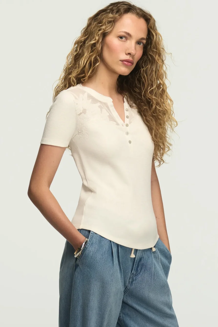 Image of Lucky Brand Short Sleeve Cutwork Henley - Women's Clothing Tops Tees Henley Shirt in Sepia Rose