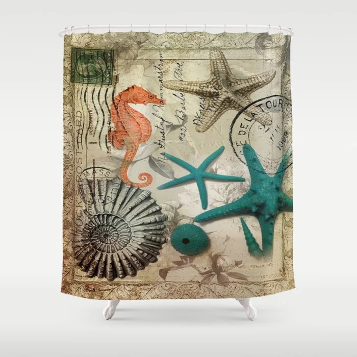 french botanical art seahorse teal green starfish Shower Curtain Shower Curtain