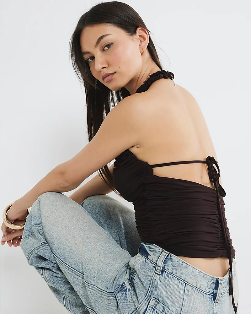 Womens Brown Ruched Halter Neck Top