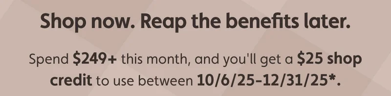 Shop now. Reap the benefits later. Spend $249+ this month, and you'll get a $25 shop credit to use between 10/6/25-12/31/25*.