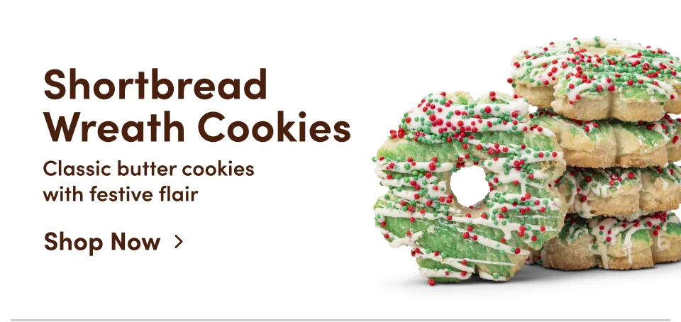 Shortbread wreath cookies - classic butter cookies with festive flair; Shop now Shortbread wreath cookies - classic butter cookies with festive flair; Shop now