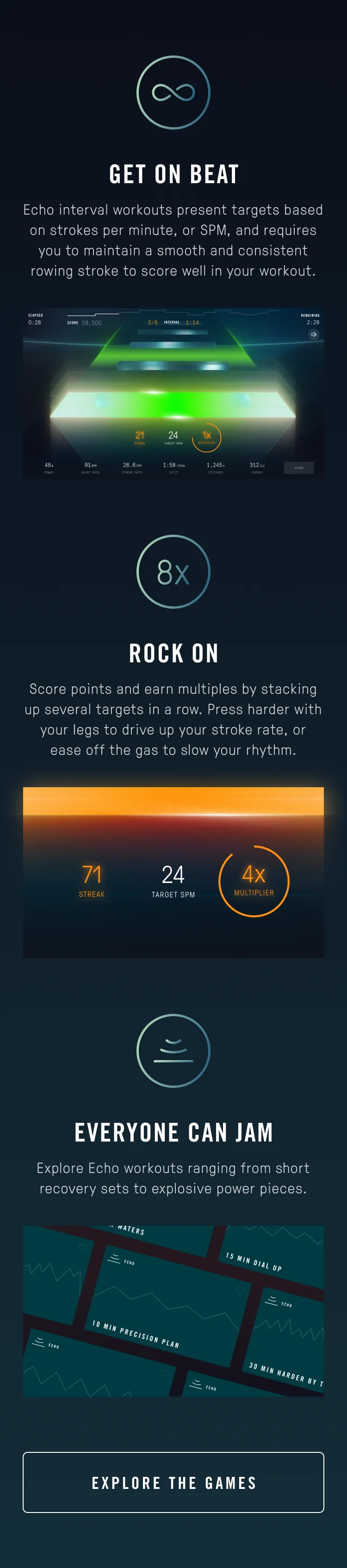 Get on beat and rock on. Echo workouts ranging from short recovery sets to explosive power pieces.