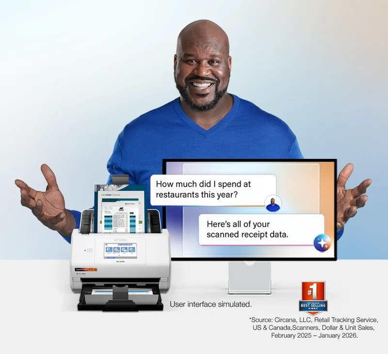 Image of Shaq with the RapidReceipt RR-620W and a simulated user interface.