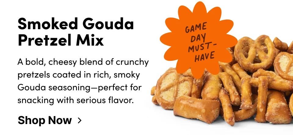 Smoked Gouda Pretzel Mix – A bold, cheesy blend of crunchy pretzels coated in rich, smoky gouda seasoning–perfect for snacking with serious flavor; Shop now