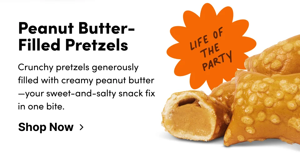 Peanut Butter-filled pretzels – Crunchy pretzels generously filled with creamy peanut butter–your sweet-and-salty snack fix in one bite; shop now