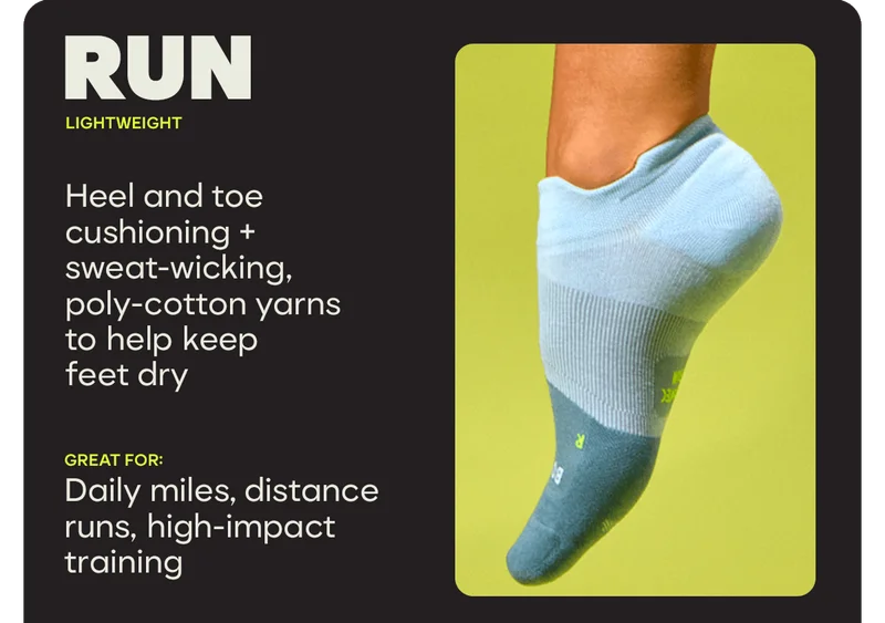 RUN | LIGHTWEIGHT | Heel and toe cushioning + sweat-wicking, poly-cotton yarns to help keep feet dry | Great for: Daily miles, distance runs, high-impact training
