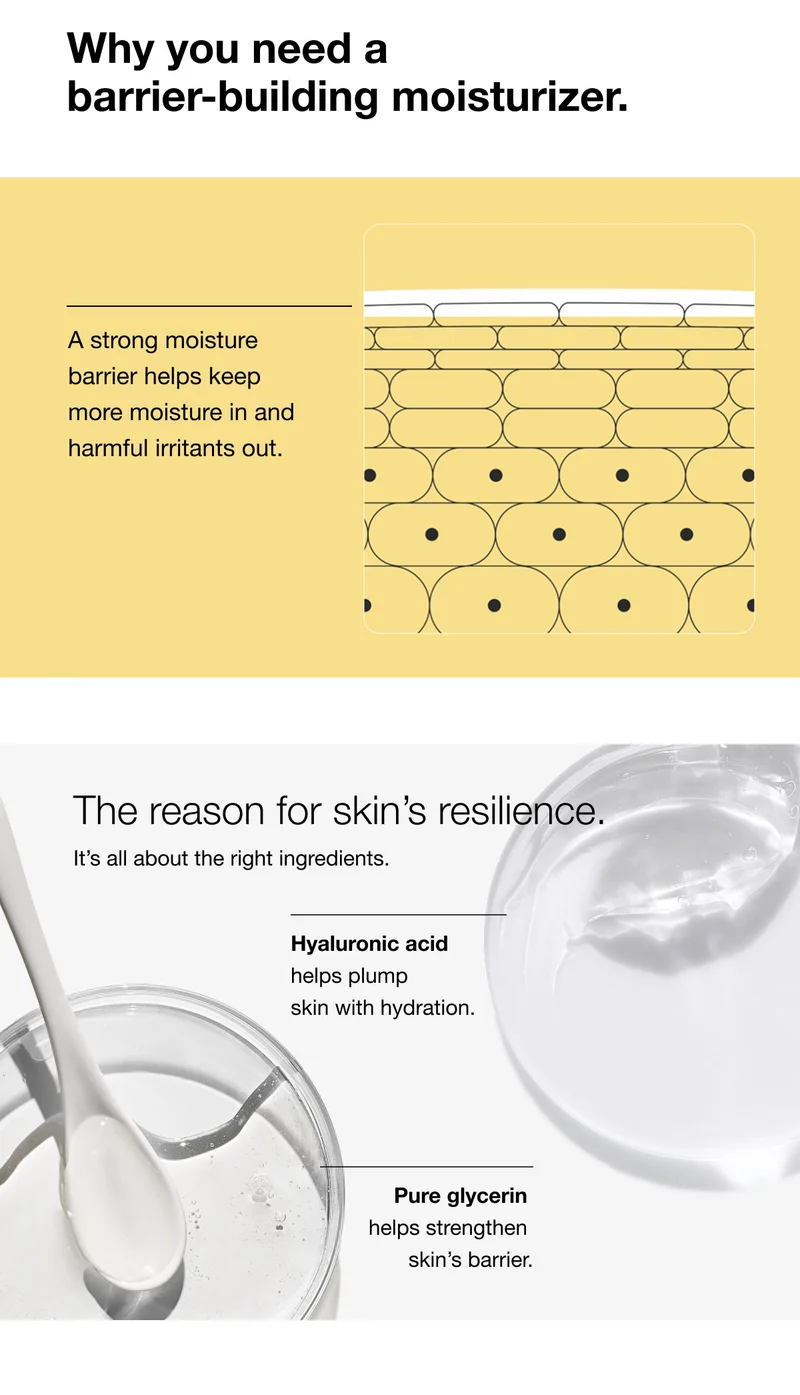 Why you need a barrier-building moisturizer. | A strong moisture barrier helps keep more moisture in and harmful irritants out. | The reason for skin’s resilience. It’s all about the right ingredients. | Hyaluronic acid helps plump skin with hydration. | Pure glycerin helps strengthen skin’s barrier.