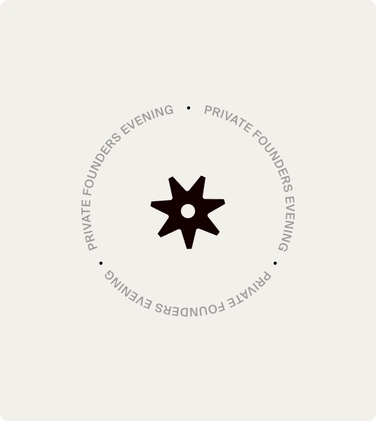 A graphic. The Cowboy cog symbol within a circular set text that reads "Private Founders Evening"