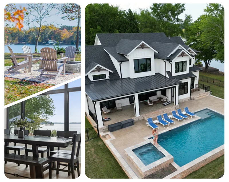 Modern lakeside home with pool; outdoor seating around a fire pit and dining area with expansive lake views.