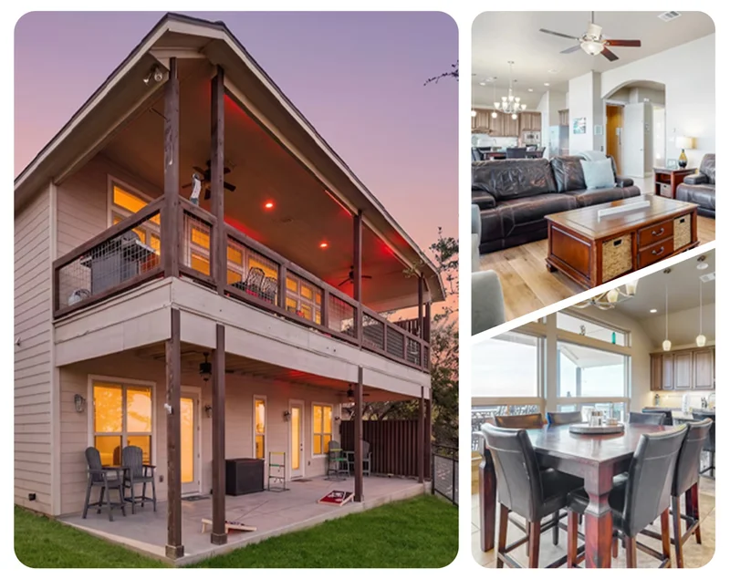 Two-story home with covered balcony at dusk; views of interior living room and dining area.