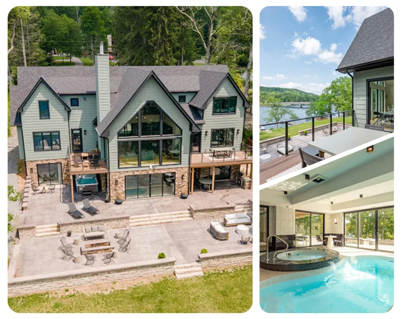 Spacious lakeside home with patio, balcony views, and indoor pool spa area.