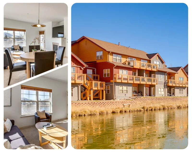 Dining and lounge areas with mountain views; lakeside townhomes along calm water.