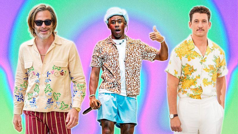 Chris Pine, Miles Teller, and Tyler, The Creator wearing camp shirts over a bright illustrated background.