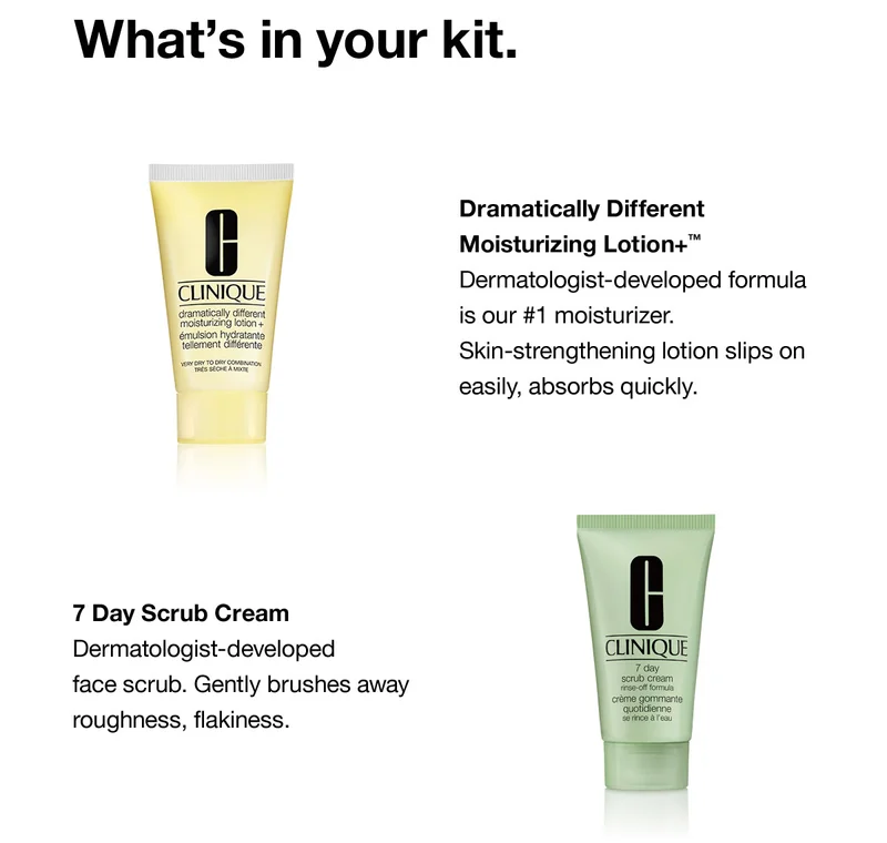 What's in your kit. Dramatically Different Moisturizing Lotion+™ Dermatologist-developed formula is our #1 moisturizer. Skin-Strengthening lotion slips on easily, absorbs quickly. 7 Day Scrub Cream Dermatologist-developed face scrub. Gently brushes away roughness, flakiness.