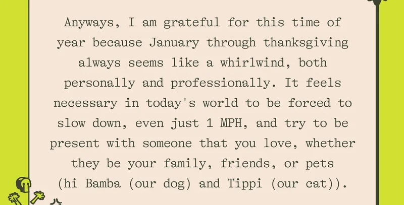 Anyways, I am grateful for this time of year because January through thanksgiving always seems like a whirlwind, both personally and professionally. It feels necessary in today's world to be forced to slow down, even just 1 MPH, and try to be present with someone that you love, whether they be your family, friends, or pets (hi Bamba (our dog) and Tippi (our cat)).